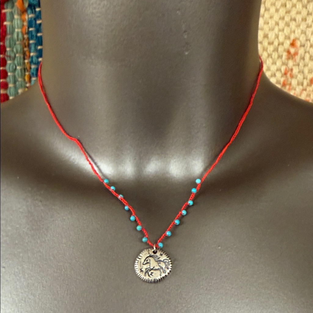 Boho Red Cord Necklace With Turquoise Beads And Sun Medallion